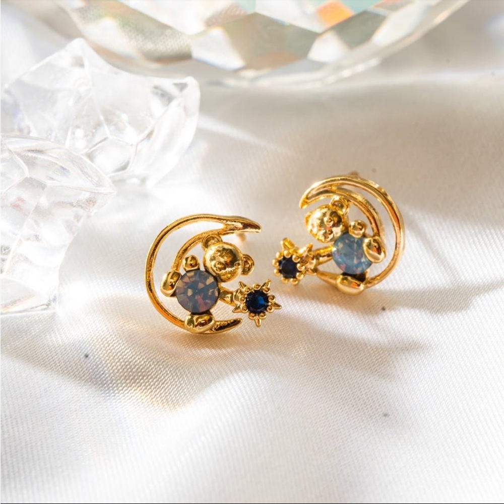 18K Gold Plated Blue Star Bear Moon Stud Earrings